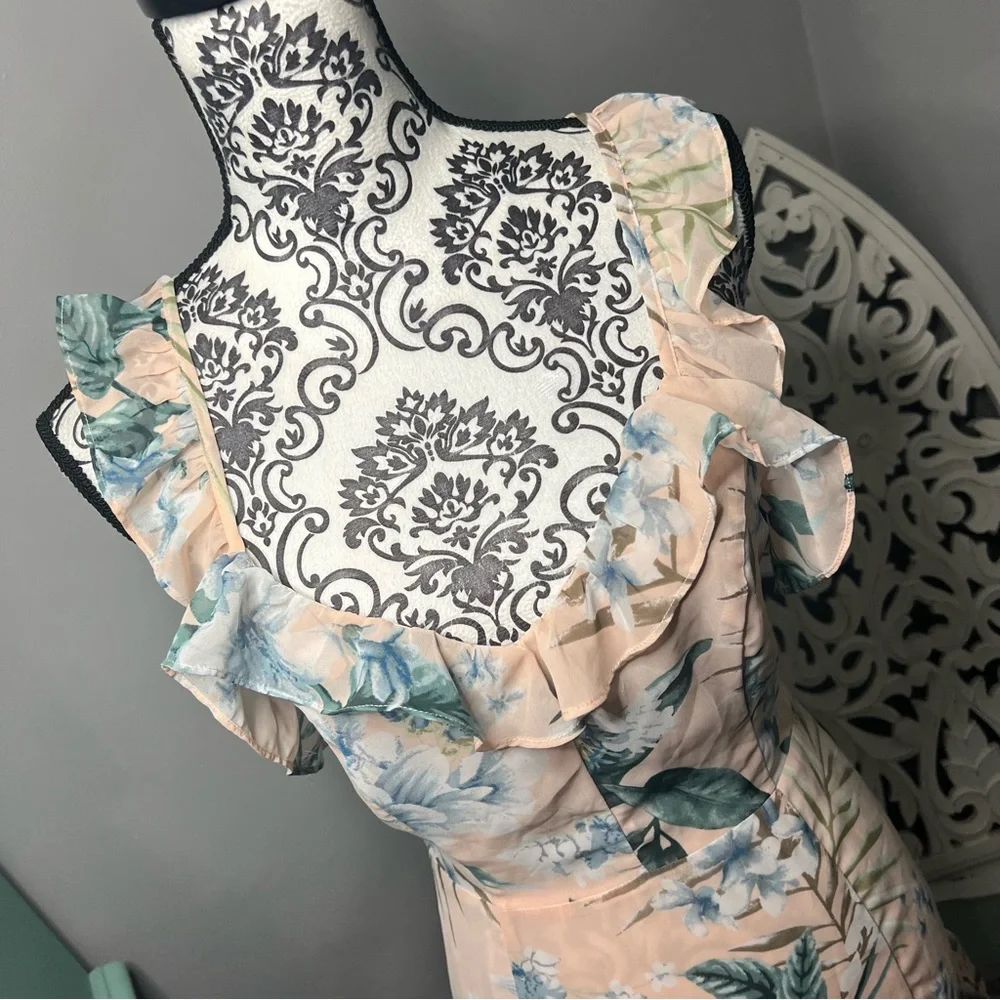 Lulus Sunrise Journey Blush Floral Lace Up Ruffle Mini Dress Size Small - Picture 5 of 16